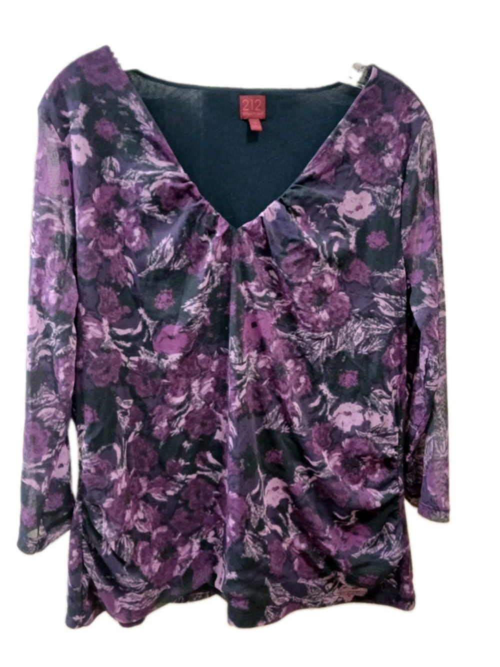 212 COLLECTION Womens Top Sz XL Sheer Sleeve Purple Floral Fairy Grunge Y2K